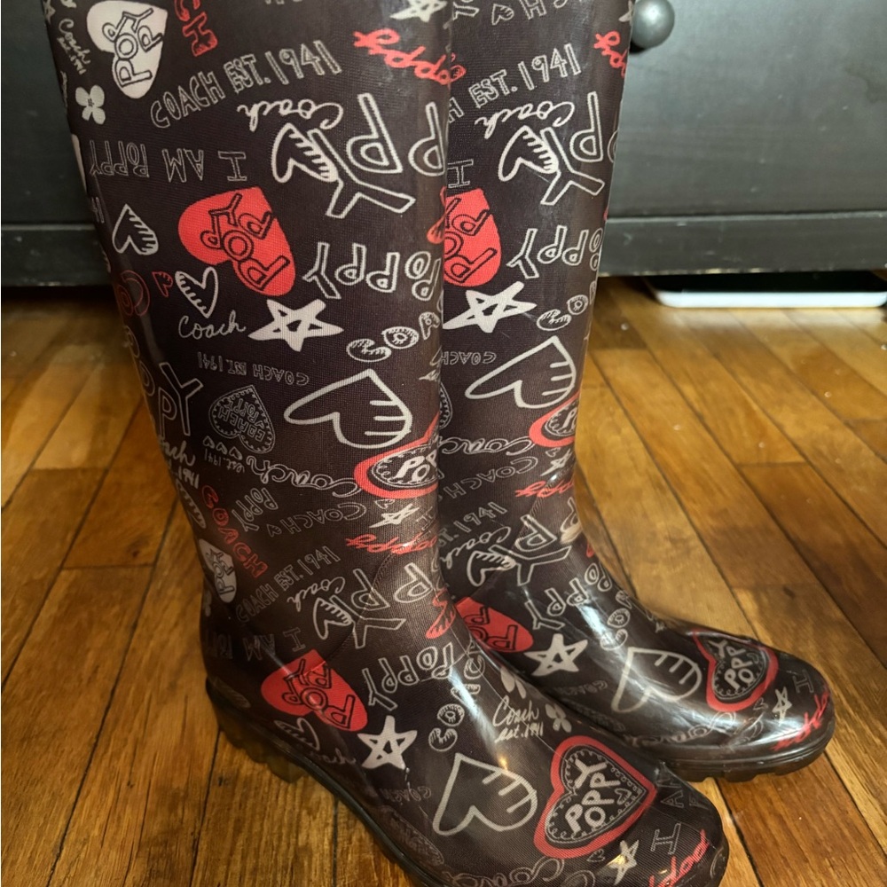 Coach Black and Red Patterned Rain Boots